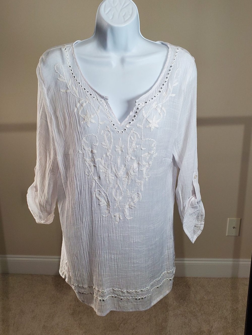 AB Studio White Gauze Tunic Blouse Sequin Accent Roll Tab Sleeve XL